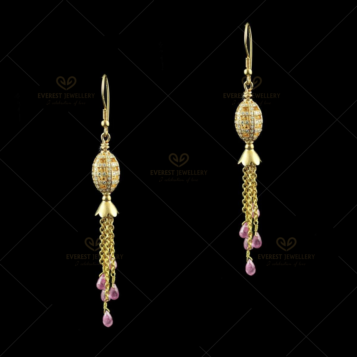rose gold hanging earring studded with zircon stone and ruby